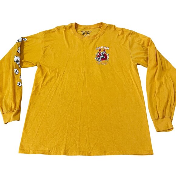 Riot Society Men's Bird Graphic Long Sleeve Tee Japan Design Yellow Cotton Large - Picture 1 of 5